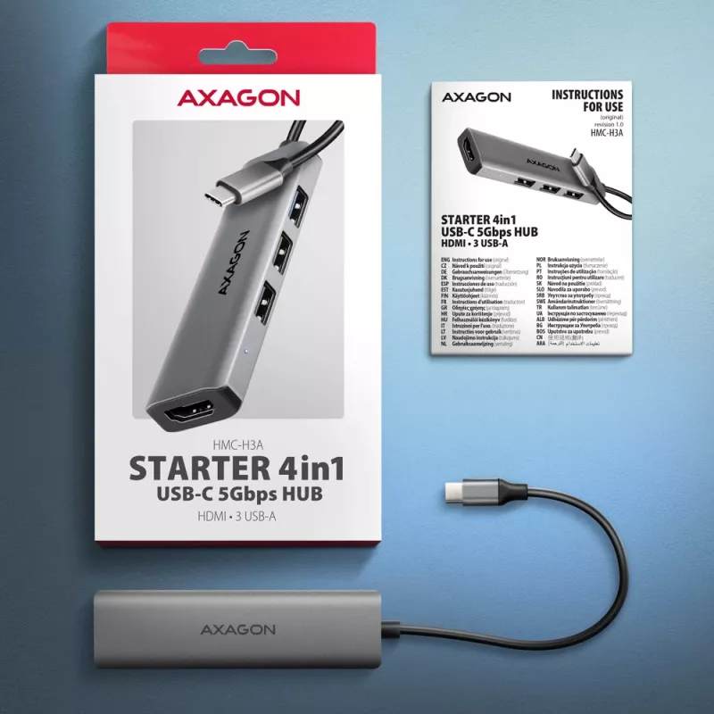 Axagon HMC-H3A USB 5Gbps hub, 3x USB-A, HDMI 4k/30Hz, 15 cm USB-C kábel