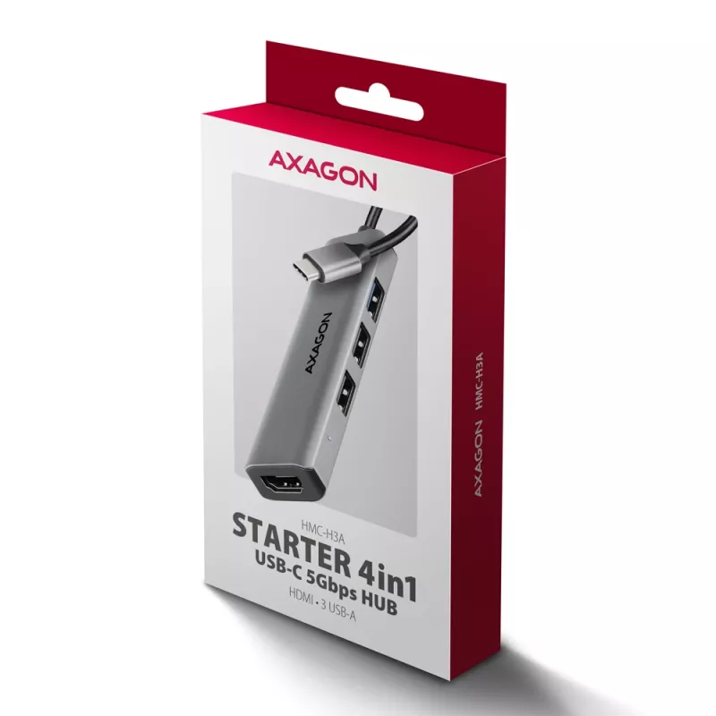 Axagon HMC-H3A USB 5Gbps hub, 3x USB-A, HDMI 4k/30Hz, 15 cm USB-C kábel