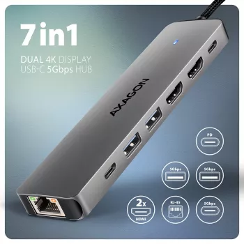 Axagon HMC-7HX2 USB 5Gbps hub, 2x USB-A, USB-C, 2x HDMI 4K/60Hz, RJ-45, PD 100W