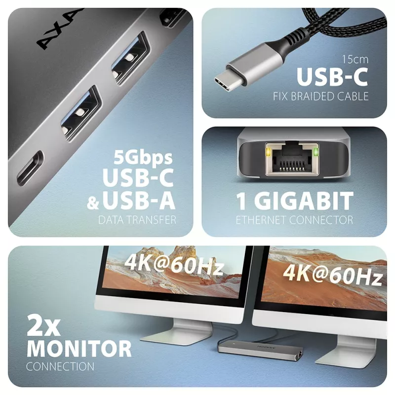 Axagon HMC-7HX2 USB 5Gbps hub, 2x USB-A, USB-C, 2x HDMI 4K/60Hz, RJ-45, PD 100W