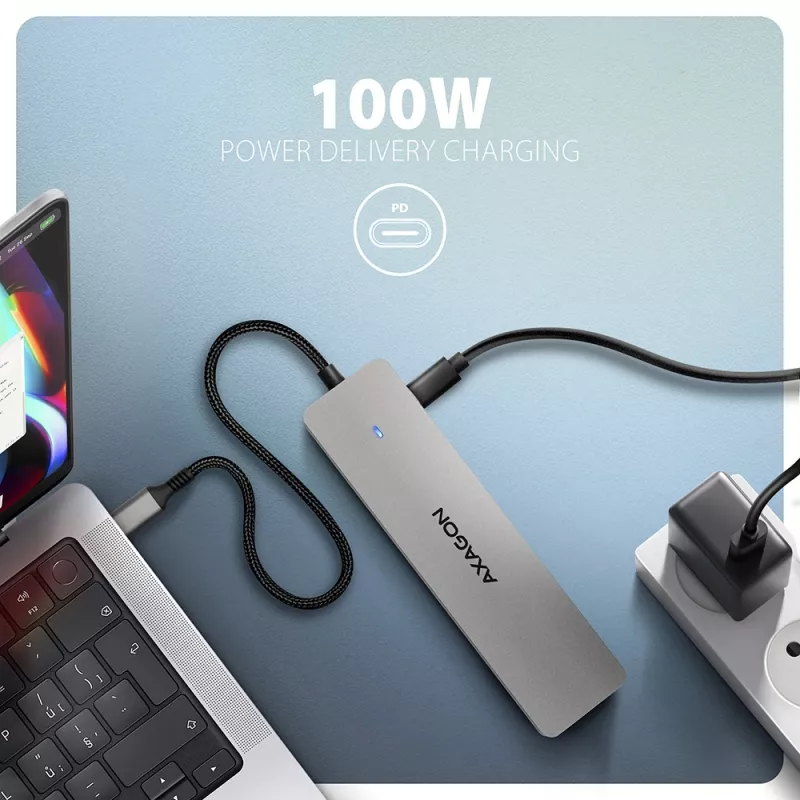 Axagon HMC-7HX2 USB 5Gbps hub, 2x USB-A, USB-C, 2x HDMI 4K/60Hz, RJ-45, PD 100W