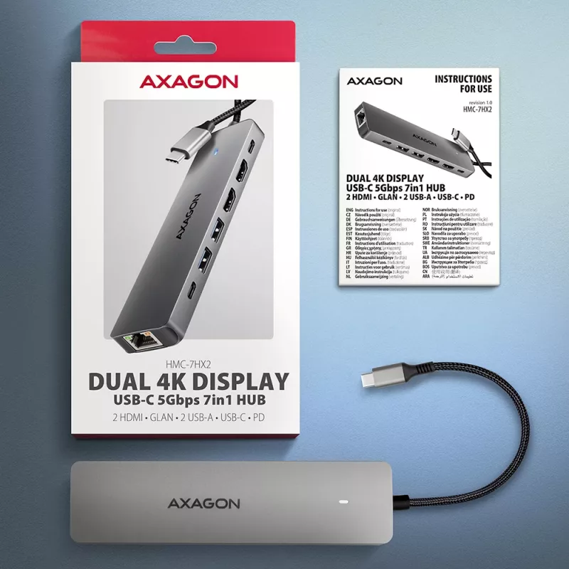 Axagon HMC-7HX2 USB 5Gbps hub, 2x USB-A, USB-C, 2x HDMI 4K/60Hz, RJ-45, PD 100W