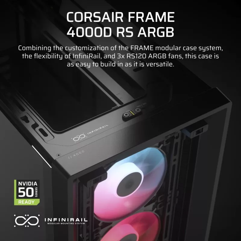 PC skriňa CORSAIR FRAME 4000D RS ARGB Midi Tower čierna — ATX/Micro-ATX/Mini-ITX, tvrdené sklo, ARGB ventilátory, do 370 mm GPU