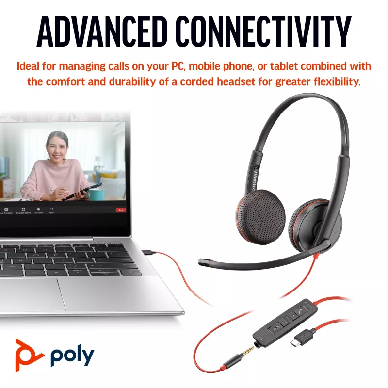 HP Poly Blackwire 3225 stereo USB-C headset +3,5-mm jack +USB-C/A adaptér (Bulk)