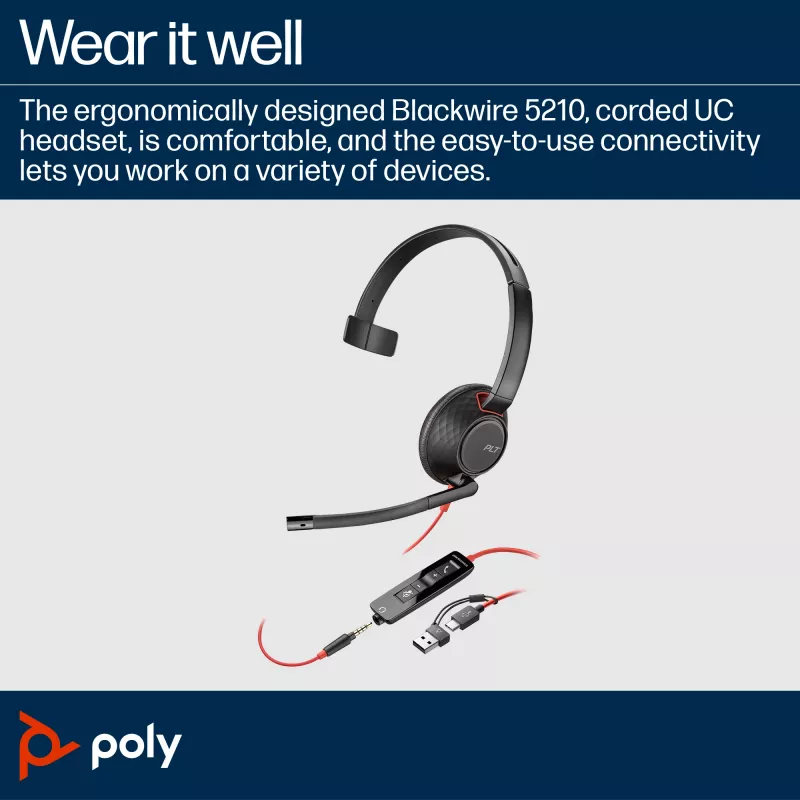 HP Poly Blackwire 5210 monaurálny USB-C headset + 3,5 mm konektor + adaptér USB-C/A