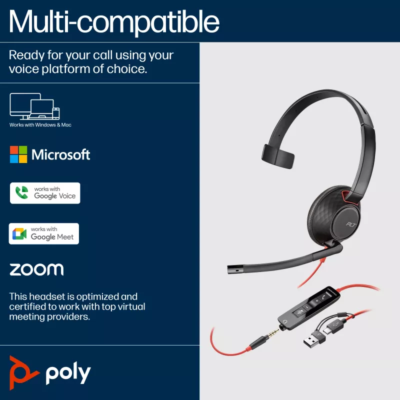 HP Poly Blackwire 5210 monaurálny USB-C headset + 3,5 mm konektor + adaptér USB-C/A