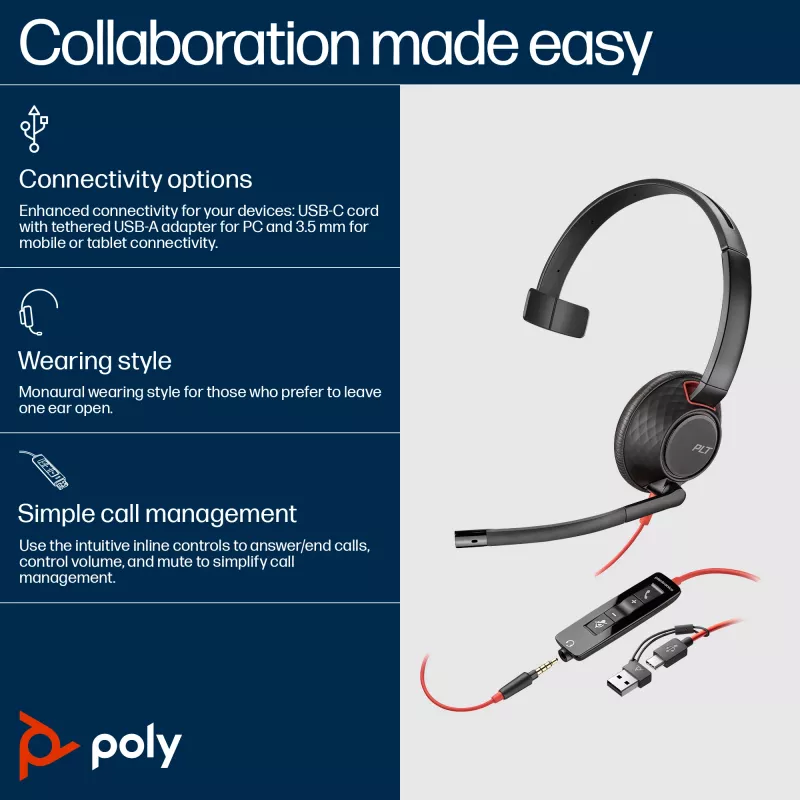HP Poly Blackwire 5210 monaurálny USB-C headset + 3,5 mm konektor + adaptér USB-C/A