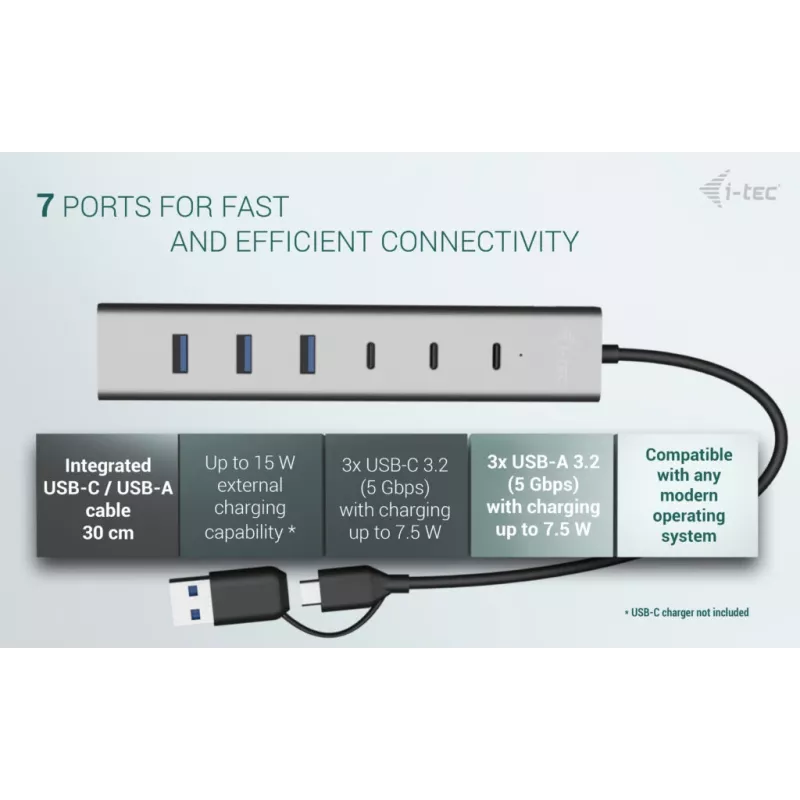 i-tec USB-C/USB-A nabíjací kovový HUB 7 portov (3x USB-C, 4x USB-A)