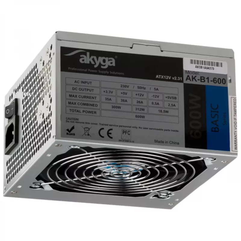 Akyga Basic AK-B1-600 ATX napájací zdroj 600 W, 120 mm ventilátor, pasívne PFC, sivý