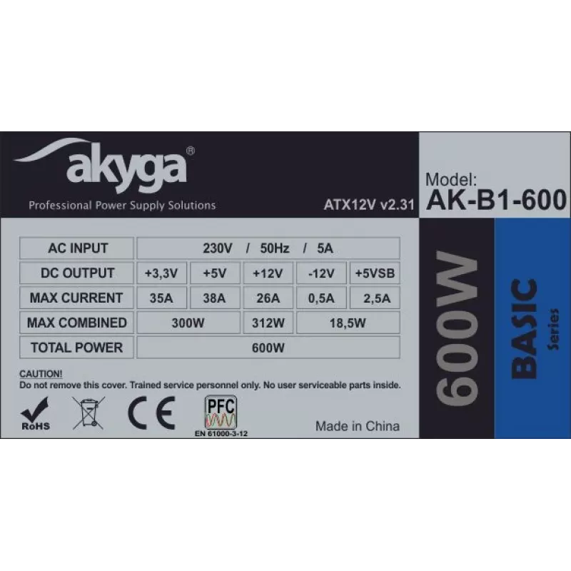 Akyga Basic AK-B1-600 ATX napájací zdroj 600 W, 120 mm ventilátor, pasívne PFC, sivý