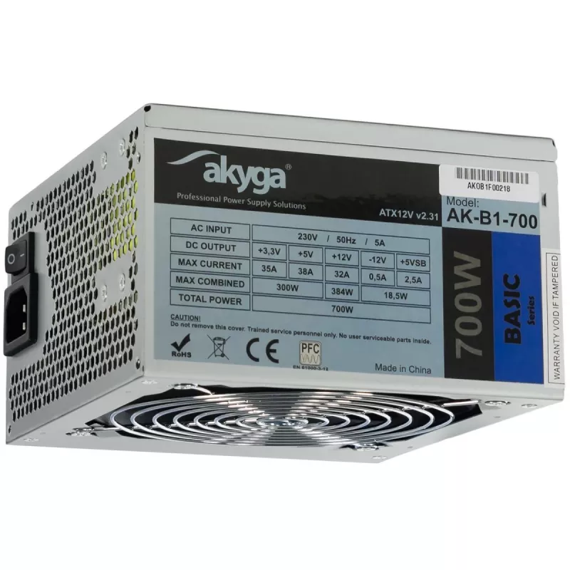 Akyga AK-B1-700 Basic 700 W ATX napájací zdroj, pasívne PFC, 120 mm ventilátor, sivá