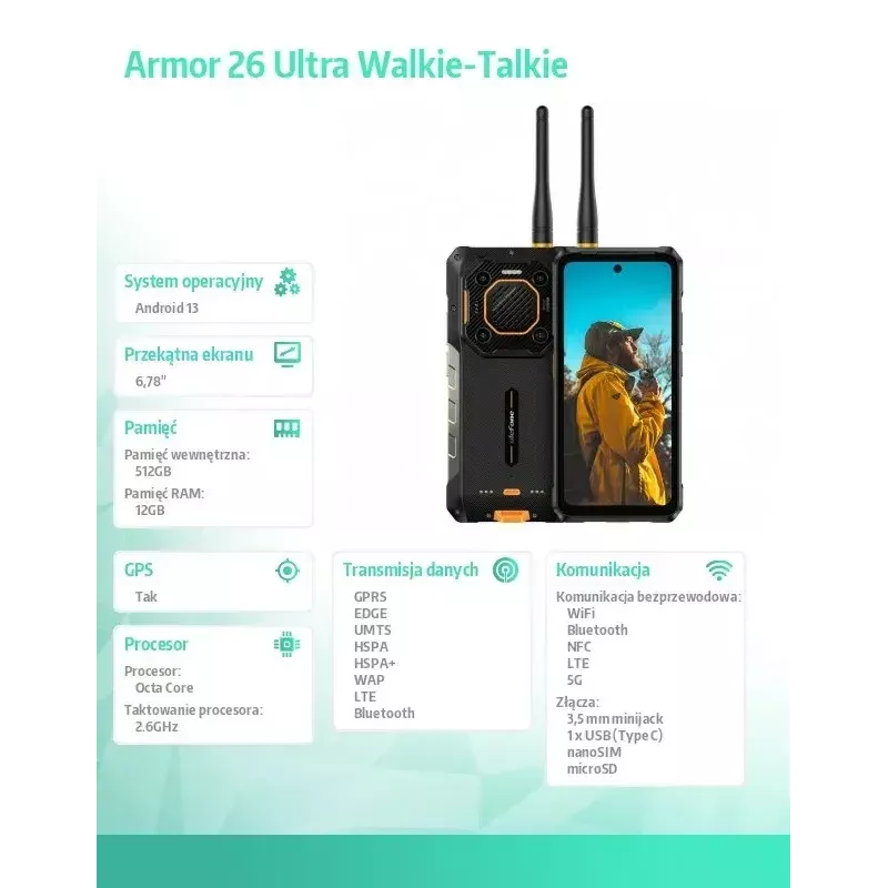 Ulefone Armor 26 Ultra 5G smartfón, vysielačka, 12GB RAM, 512GB, IP69K, čierny (bez nabíjačky)