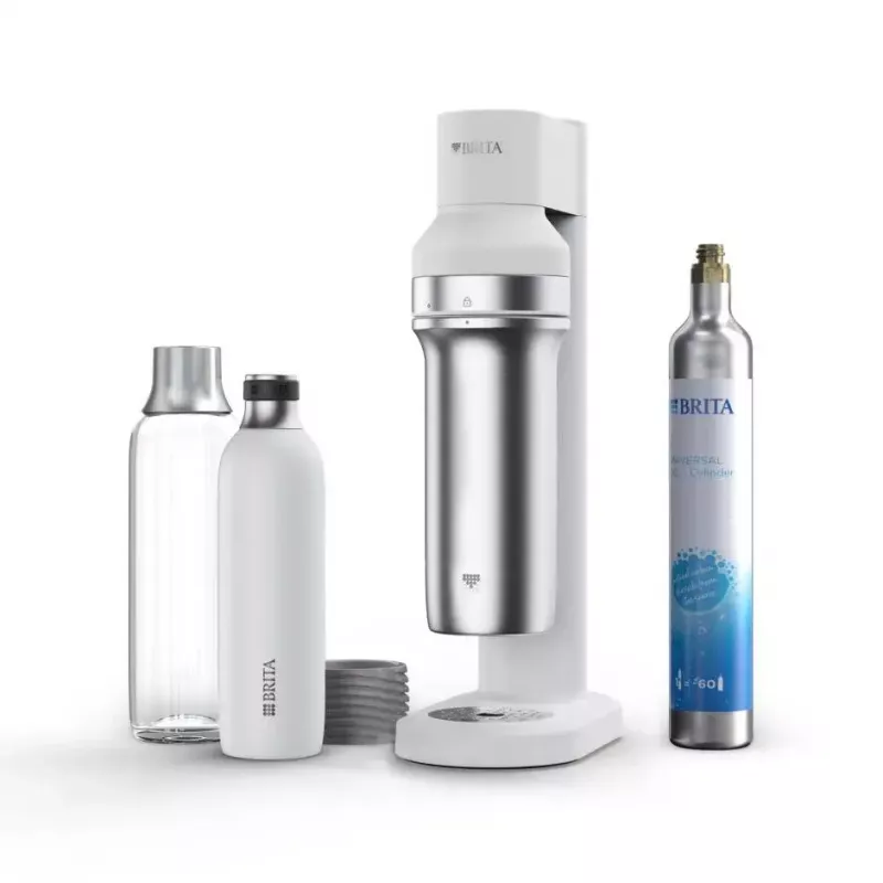 Sýfonovač BRITA Carbonator 1046730 biela — kompaktný stolný sýfonovač s 2 fľašami (231×126×443 mm)