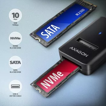 Puzdro na SSD AXAGON ADM2-AM USB-A 10 Gbit/s pre jeden M.2 NVMe/SATA disk, USB 3.2 Gen 2, 10 cm kábel, čierne