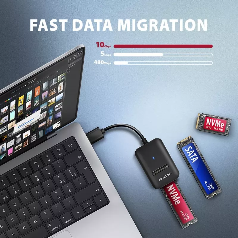 Puzdro na SSD AXAGON ADM2-AM USB-A 10 Gbit/s pre jeden M.2 NVMe/SATA disk, USB 3.2 Gen 2, 10 cm kábel, čierne