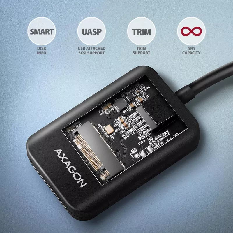 Puzdro na SSD AXAGON ADM2-AM USB-A 10 Gbit/s pre jeden M.2 NVMe/SATA disk, USB 3.2 Gen 2, 10 cm kábel, čierne