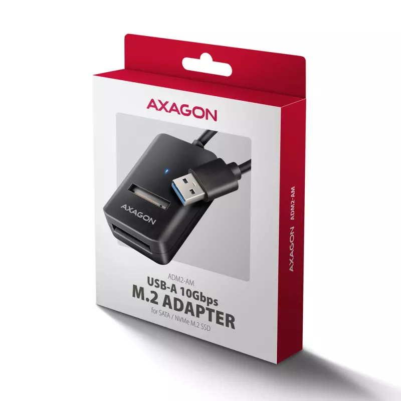 Puzdro na SSD AXAGON ADM2-AM USB-A 10 Gbit/s pre jeden M.2 NVMe/SATA disk, USB 3.2 Gen 2, 10 cm kábel, čierne