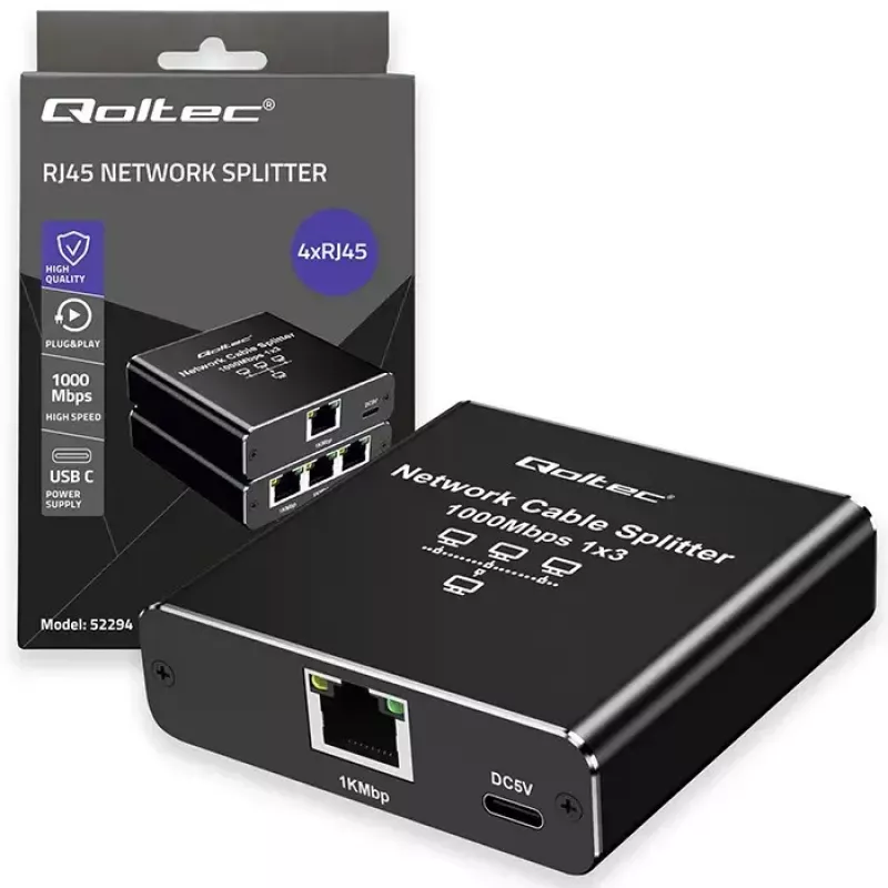 Ethernetový splitter QOLTEC 52294 1x3 RJ45 so vstupom napájania USB-C