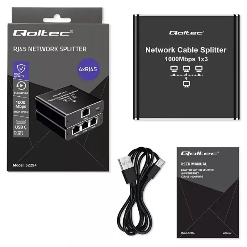 Ethernetový splitter QOLTEC 52294 1x3 RJ45 so vstupom napájania USB-C