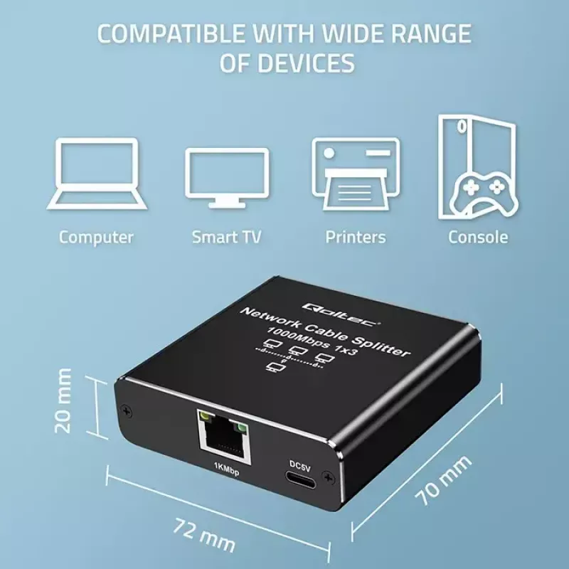 Ethernetový splitter QOLTEC 52294 1x3 RJ45 so vstupom napájania USB-C