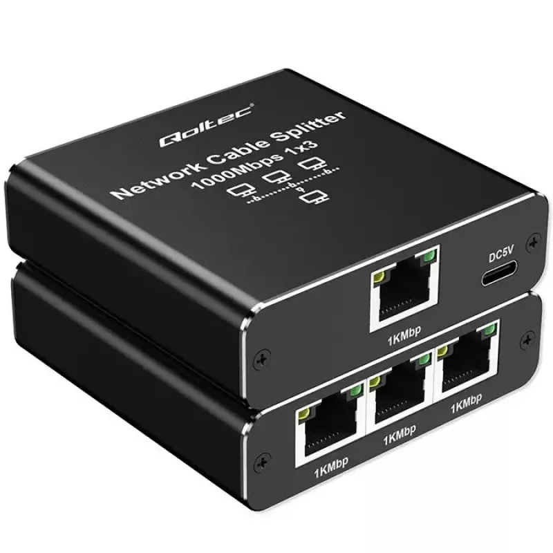 Ethernetový splitter QOLTEC 52294 1x3 RJ45 so vstupom napájania USB-C