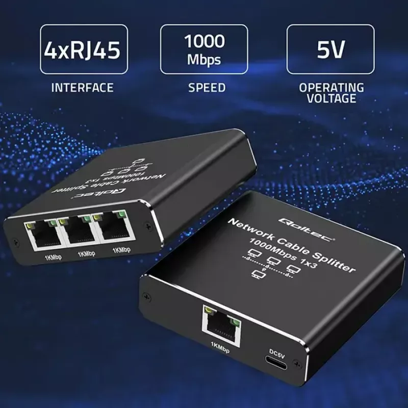 Ethernetový splitter QOLTEC 52294 1x3 RJ45 so vstupom napájania USB-C