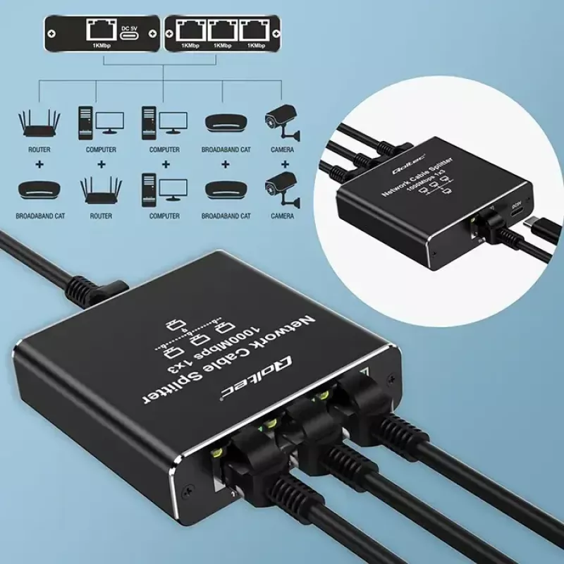 Ethernetový splitter QOLTEC 52294 1x3 RJ45 so vstupom napájania USB-C