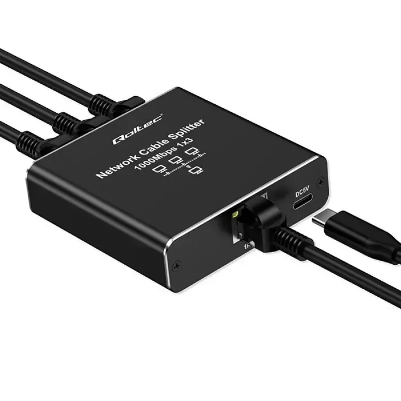 Ethernetový splitter QOLTEC 52294 1x3 RJ45 so vstupom napájania USB-C
