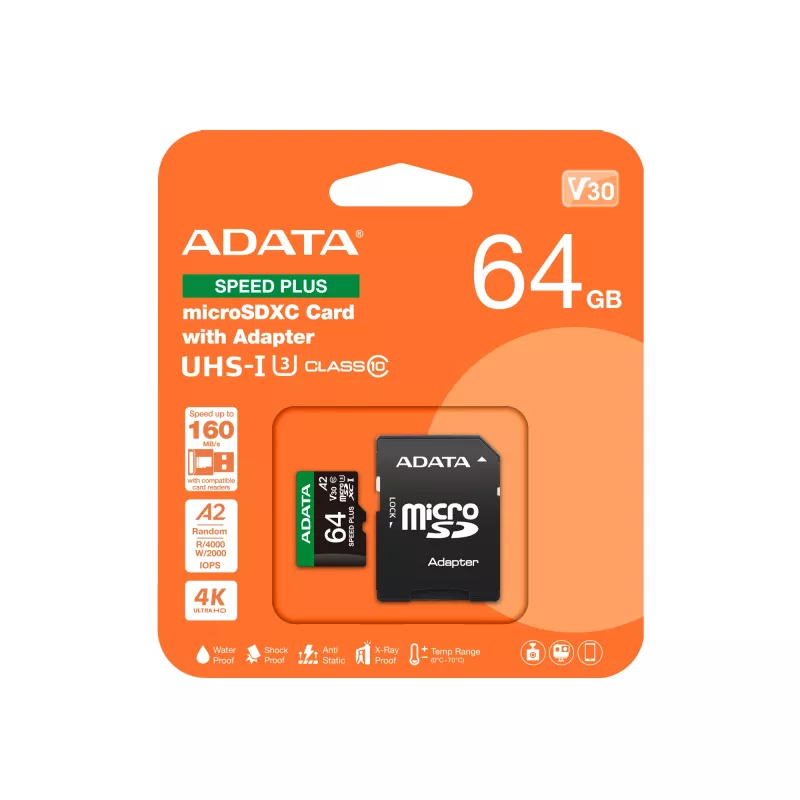 MicroSDXC karta ADATA Speed Plus 64 GB UHS Class 3 model UD64GUI3V30A2SP-RA1