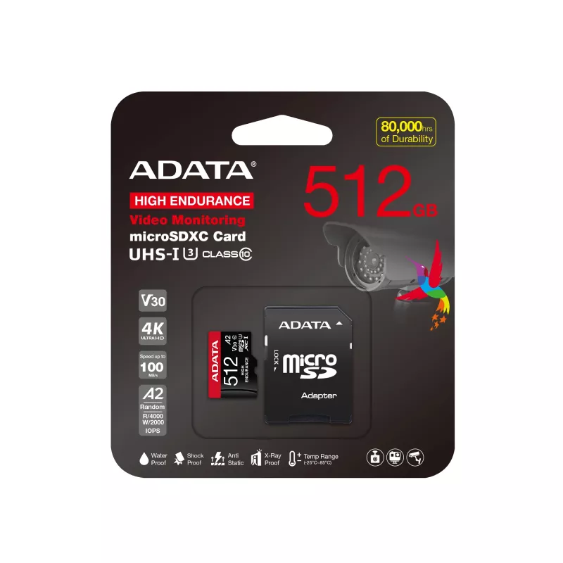 MicroSDXC pamäťová karta ADATA 512GB UHS‑I U3 V30 Class 10 A2, 100/85 MB/s, vodotesná