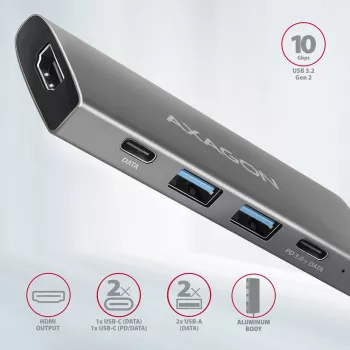 Axagon HMC-5G21 USB 10Gbps hub, 2x USB-A, 2x USB-C, HDMI 4k/30Hz, PD 60W, USB-C kábel