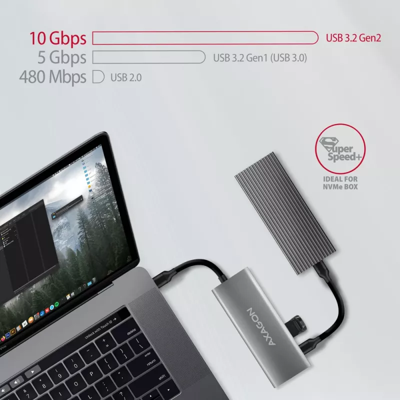 Axagon HMC-5G21 USB 10Gbps hub, 2x USB-A, 2x USB-C, HDMI 4k/30Hz, PD 60W, USB-C kábel