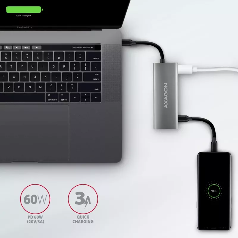 Axagon HMC-5G21 USB 10Gbps hub, 2x USB-A, 2x USB-C, HDMI 4k/30Hz, PD 60W, USB-C kábel