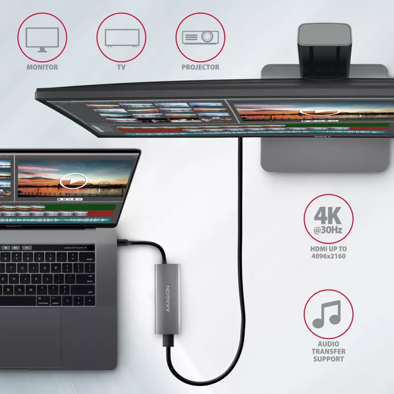 Axagon HMC-5G21 USB 10Gbps hub, 2x USB-A, 2x USB-C, HDMI 4k/30Hz, PD 60W, USB-C kábel