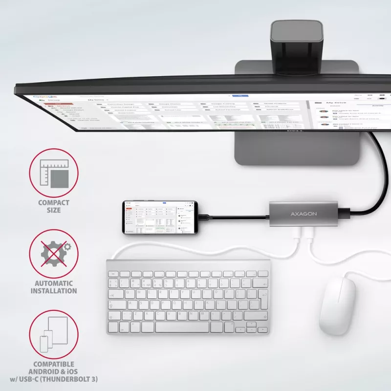 Axagon HMC-5G21 USB 10Gbps hub, 2x USB-A, 2x USB-C, HDMI 4k/30Hz, PD 60W, USB-C kábel