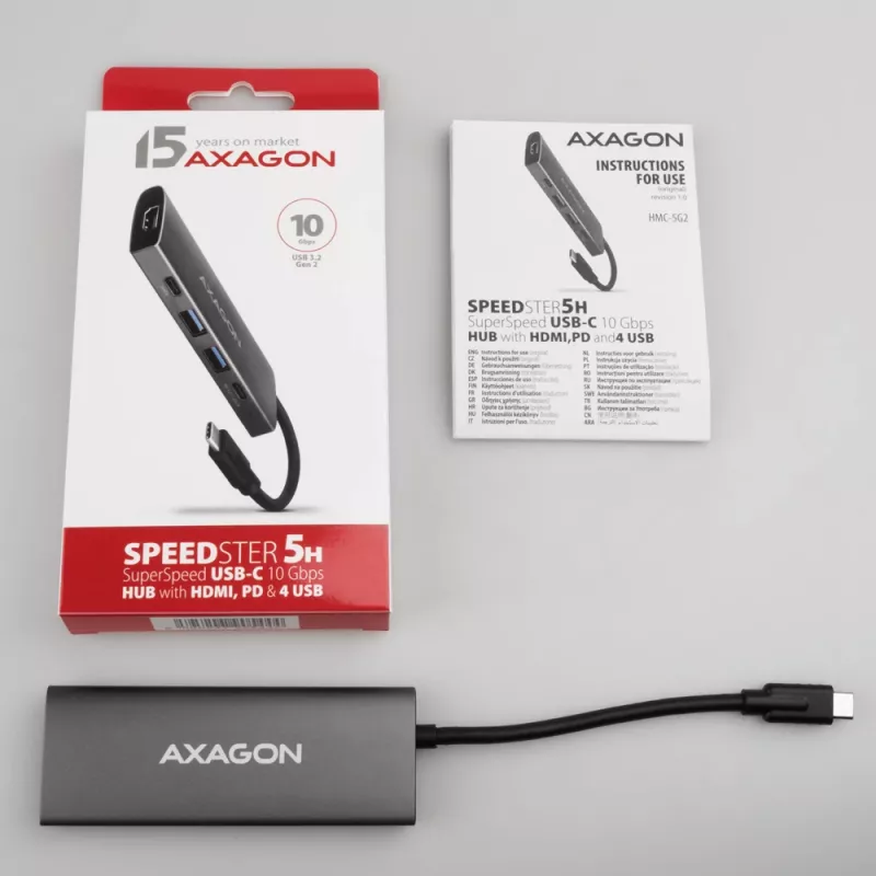 Axagon HMC-5G21 USB 10Gbps hub, 2x USB-A, 2x USB-C, HDMI 4k/30Hz, PD 60W, USB-C kábel