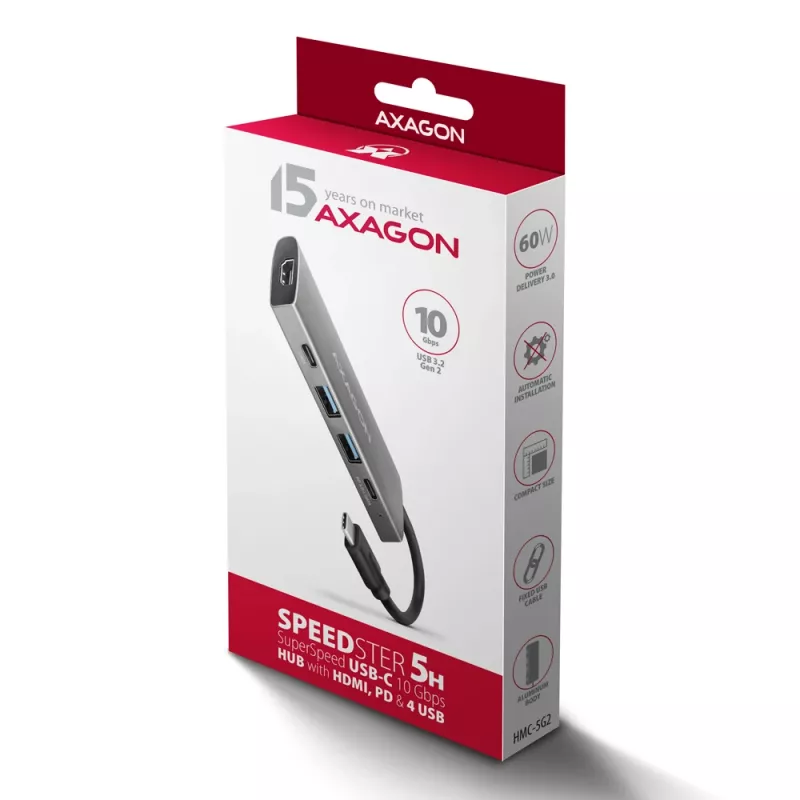 Axagon HMC-5G21 USB 10Gbps hub, 2x USB-A, 2x USB-C, HDMI 4k/30Hz, PD 60W, USB-C kábel
