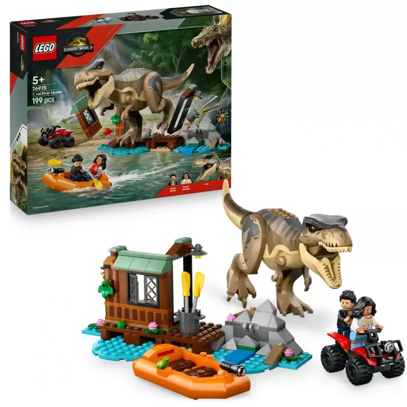 LEGO dinosaurová stavebnica T. rex River Escape 76975 — 199 dielov, 2 minifigúrky, vek 5+
