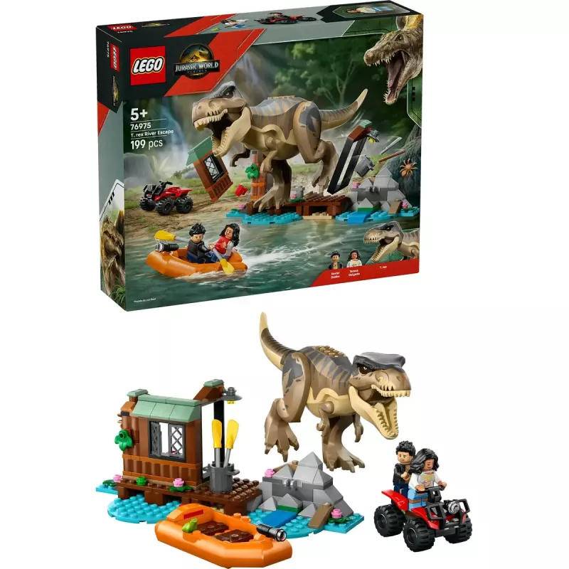 LEGO dinosaurová stavebnica T. rex River Escape 76975 — 199 dielov, 2 minifigúrky, vek 5+