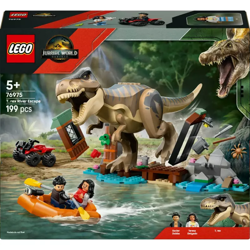 LEGO dinosaurová stavebnica T. rex River Escape 76975 — 199 dielov, 2 minifigúrky, vek 5+