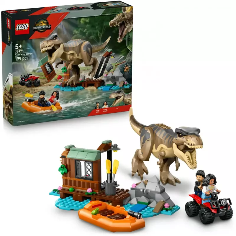 LEGO dinosaurová stavebnica T. rex River Escape 76975 — 199 dielov, 2 minifigúrky, vek 5+