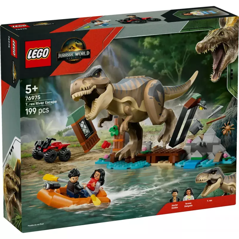 LEGO dinosaurová stavebnica T. rex River Escape 76975 — 199 dielov, 2 minifigúrky, vek 5+