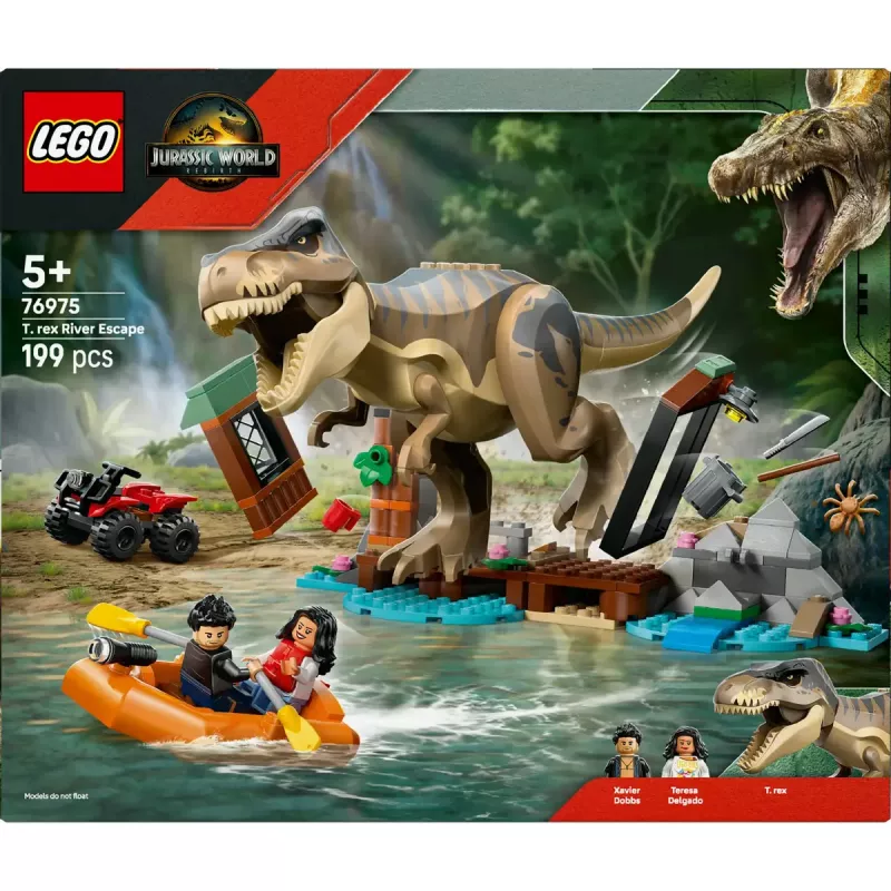 LEGO dinosaurová stavebnica T. rex River Escape 76975 — 199 dielov, 2 minifigúrky, vek 5+