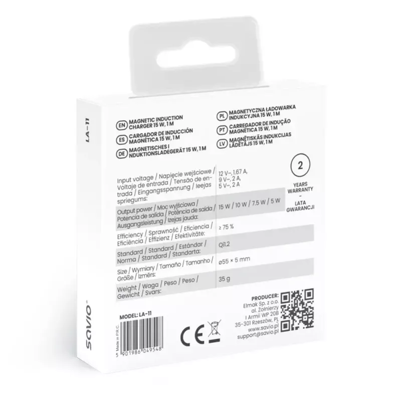 Bezdrôtová interiérová nabíjačka pre mobilné telefóny SAVIO LA-11, Qi 1.2, 15 W, biela, 55×55×5 mm