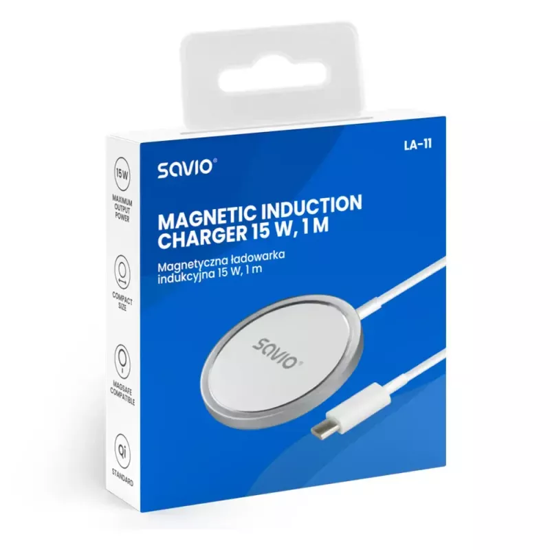 Bezdrôtová interiérová nabíjačka pre mobilné telefóny SAVIO LA-11, Qi 1.2, 15 W, biela, 55×55×5 mm