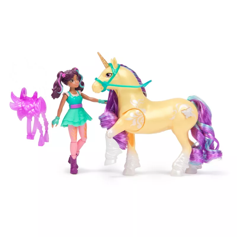 Unicorn Academy, Ava & čarovný rastlinný list so svetelným efektom, 2 jazdecké doplnky, bábiky & hračka jednorožca pre dievčatá od 4 rokov