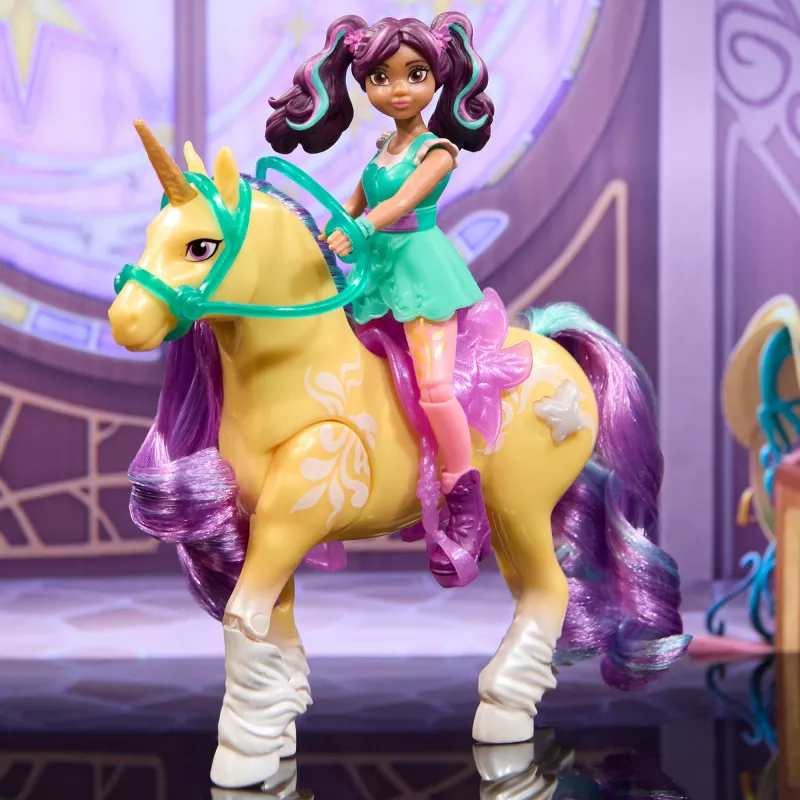Unicorn Academy, Ava & čarovný rastlinný list so svetelným efektom, 2 jazdecké doplnky, bábiky & hračka jednorožca pre dievčatá od 4 rokov