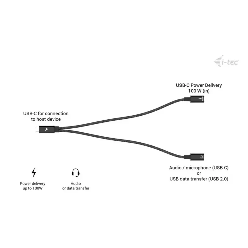 i-tec USB-C rozbočovač káblov Audio/Dáta + Power Delivery 100 W