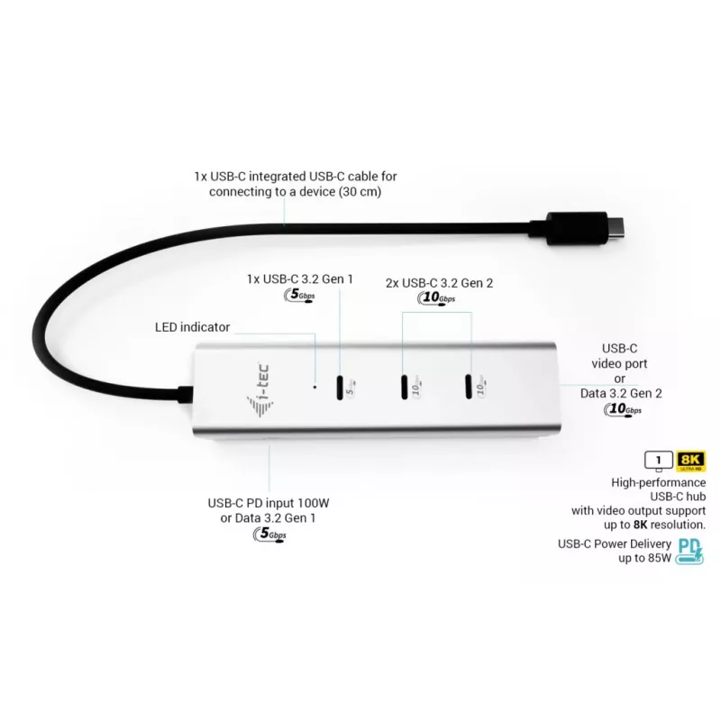 i-tec Metal USB-C nabíjací HUB 5-portový s USB-C Video 8K + Power Delivery 85W