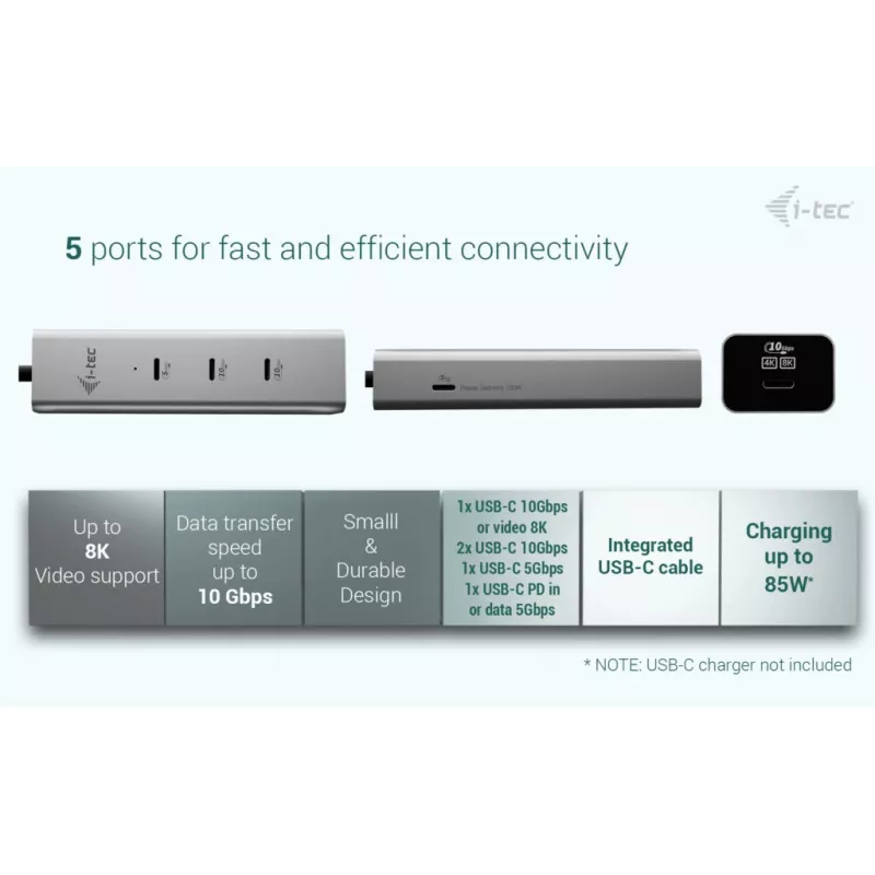 i-tec Metal USB-C nabíjací HUB 5-portový s USB-C Video 8K + Power Delivery 85W